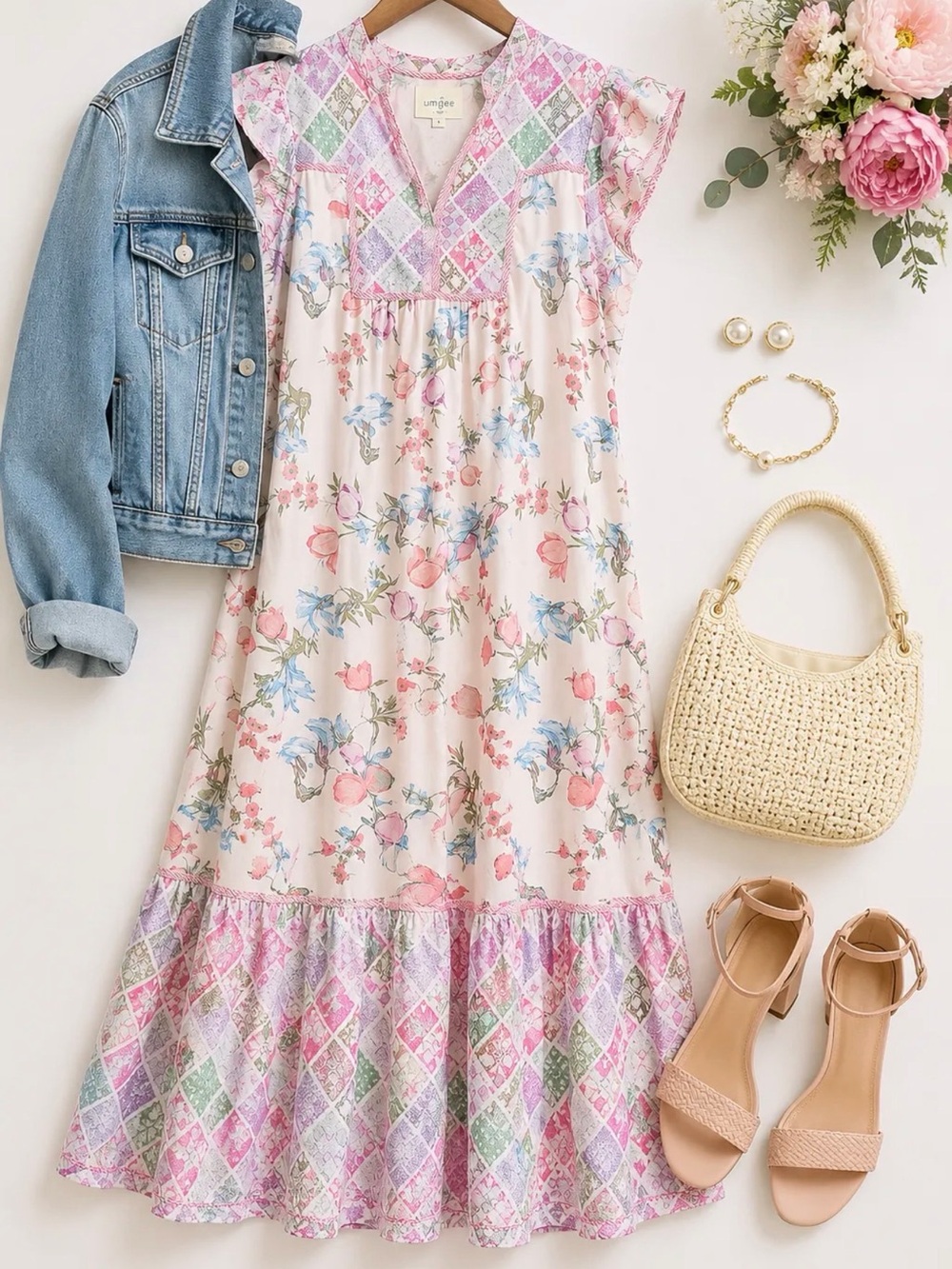 Umgee Pink & Pastel Floral Patchwork Midi Dress